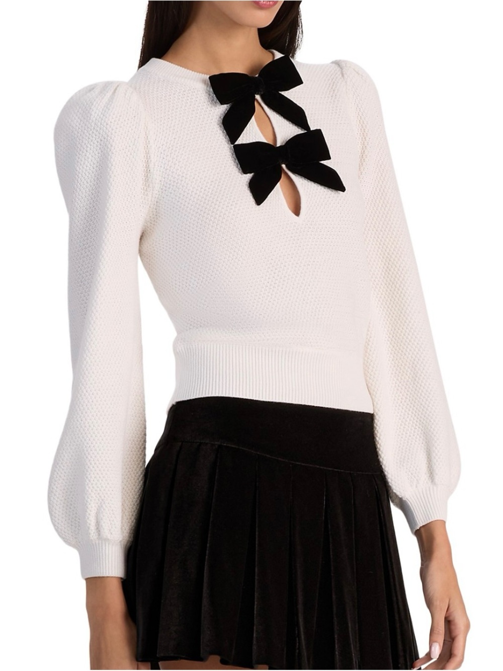 ALICE+OLIVIA Puff Sleeve Wool Sweater White Knit Top Black Bow Accents Large🌸